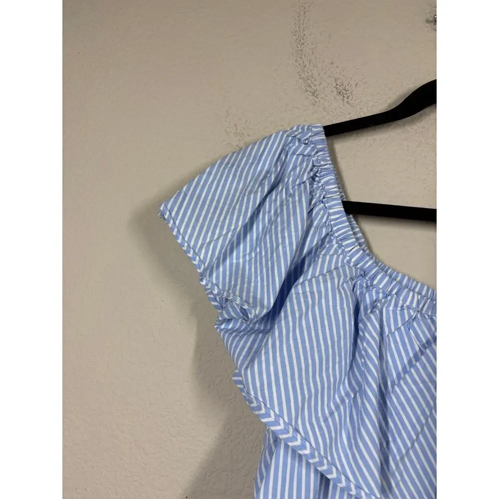 Jill Jill Stuart Size 14 Off The Shoulder Crop Top Blue Stripe Cotton Blend